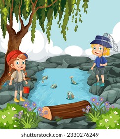 Kids Cartoon Characters Exploring Pond in Forest Scene illustration