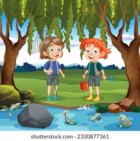Kids Cartoon Characters Exploring Pond in Forest Scene illustration