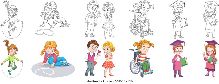 Kids. Cartoon clipart set for activity coloring book, t shirt print, icon, logo, label, patch or sticker. Vector illustration.