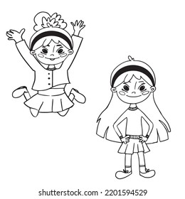 Kids. Cartoon clipart set for activity coloring book, t shirt print, icon, logo, label, patch or sticker. Children spend leisure time fun. Dancing to music. Funny cartoon character.