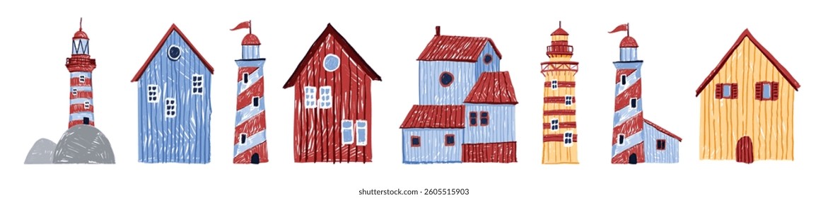 Kids cartoon house doodle set vector crayon lighthouse illustration, hand drawn nordic cute facades. Childish Scandinavian cozy building tower wax crayon texture. Small kids house nursery poster print