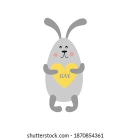 Kids cartoon illustration of a cute bunny. Ultimate gray and yellow colors. Valentine's day. Baby valentine. Baby shower. Rabbit. Love.