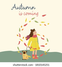 Kids cartoon illustration with girl and dog in leaves fall. Fall is coming. Post card with text in square format. Cute autumn characters in flat style