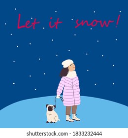 Kids cartoon illustration with girl and dog in snowfall. Let it snow. Post card with text in square format. Cute winter characters in flat style