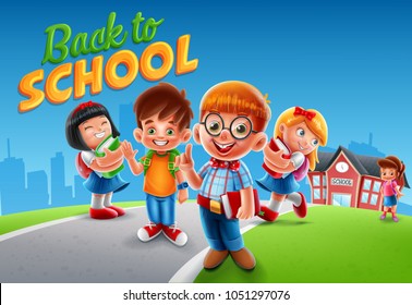 kids cartoon illustration with school