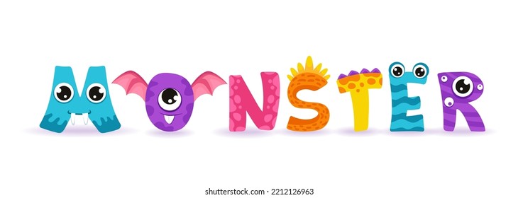 Kids Cartoon Monster Lettering, typography design, alphabet for poster, banner, card, invitation. Cute Vector Illustration