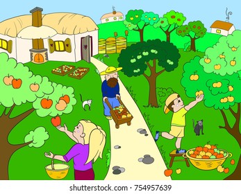 Kids cartoon on the theme of harvest vector illustration. Zentangle style. Colored drawing collection of apples in the garden in the village