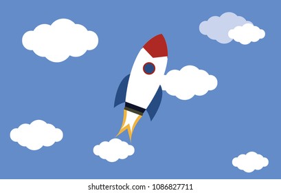 kids cartoon rocket with clouds vector