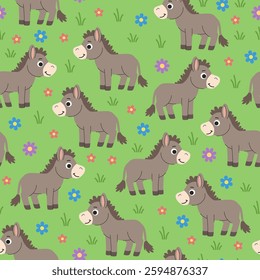 Kids cartoon seamless donkey pattern. Donkeys grazing in the meadow children's background. Green background with animals and flowers. Summer village background.