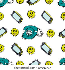 Kids, Cartoon seamless pattern. Lovely pictures for your creativity. Skarpbuking. Textiles, cartoon background. Mobile phone, old phone, emoticons