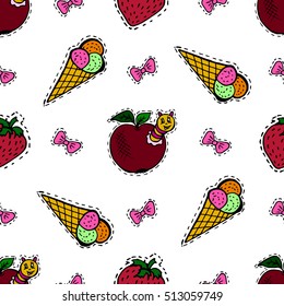 Kids, Cartoon seamless pattern. Lovely pictures for your creativity. Skarpbuking. Textiles, cartoon background. Ice cream, strawberries, apple with caterpillar, bows