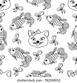 Kids, Cartoon seamless pattern. Lovely pictures. Skarpbuking. Cat, kitty, fish, goldfish, bows
