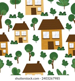 Kids cartoon seamless pattern on isolated background. Cute brown houses, bright green trees. For packaging paper, children's wallpaper.