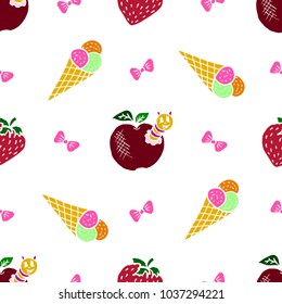 Kids, Cartoon seamless pattern. Original color drawings. Skarpbuking. Textiles, cartoon background. Ice cream, strawberries, apple with caterpillar, bows