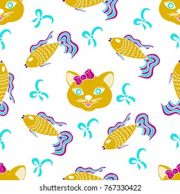 Kids, Cartoon seamless pattern. Original color drawings. Skarpbuking. Textiles, cartoon background. Cat, kitty, fish, goldfish, bows