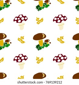 Kids, Cartoon seamless pattern. Original color drawings. Skarpbuking. Textiles, cartoon background. Mushrooms, mushroom, autumn leaves