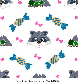 Kids, Cartoon seamless pattern. Original color drawings. Skarpbuking. Textiles, cartoon background. Mountains, trees, bows, candy, raccoon