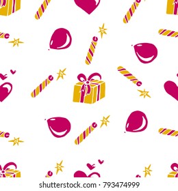 Kids, Cartoon seamless pattern. Original color drawings. Skarpbuking. Textiles, cartoon background. Celebratory background. Gifts, balloons, firecrackers