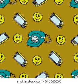 Kids, Cartoon seamless pattern. Skarpbuking. Textiles, brown cartoon background. Mobile phone, old phone, emoticons