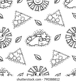 Kids, Cartoon seamless pattern. Textiles, cartoon background. Sun, leaves, mountains, trees, river, nature