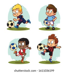 kids cartoon set pose playing football vector