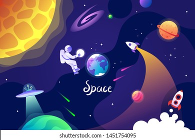 Kids cartoon space banner. Planets of the solar system. Vector illustration