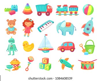 Kids Cartoon Toys. Baby Doll, Train On Railway, Ball, Cars, Boat, Boys And Girls Fun Plastic Toy Vector Collection Isolated On White