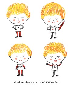 Kids cartoons set with different faces expressions - vector graphic illustration