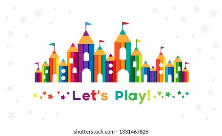 Kids castle from colorful pencils. Childhood fantasy fort with rainbow towers. Horizontal border for design kids club, preschool room or kindergarten