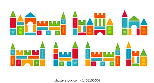 Kids castles from colorful toy blocks. Child's vector decoration set.