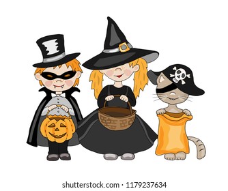 Kids and cat dressing up in different Halloween costumes for party and nolding pumpkin baskets and bags. Vector cartoon illustration isolated on white.