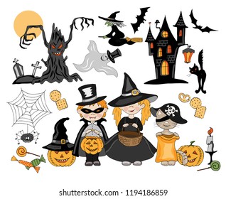 Kids and cat dressing up in Haloween costumes and set of isolated objects - house, web, tree, ghost, candle, pumpkins, bats, candy, cookies. Vector cartoon illustration. 
