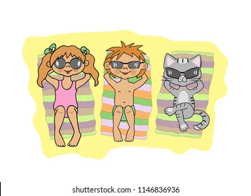 Kids and cat laying on the beach, sunbathing. Vector cartoon illustration. Summer children's holidays image.