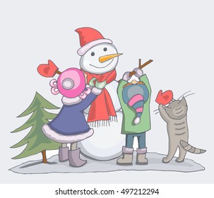Kids and cat make a snowman.