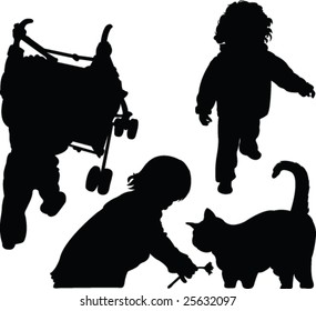 kids with cat silhouette - vector
