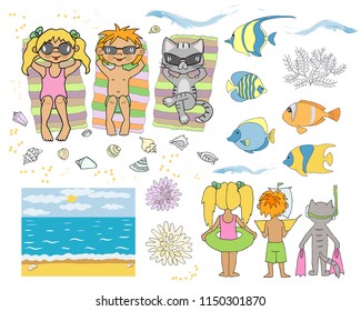 Kids and cat in sun glasses laying on the beach. Sea shells, coral fish, seascape. Set of summer vacation images. Vector cartoon illustration.