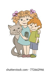 Kids and cat taking selfie. Vector cartoon illustration isolated on white.