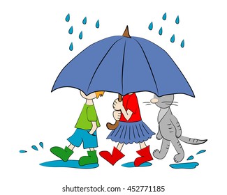 Kids Cat Walking Rain Stock Vector (royalty Free) 452771185 