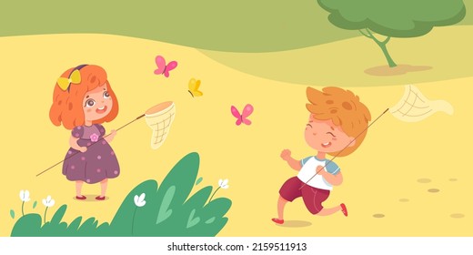 Kids catch butterfly with net vector illustration. Cartoon cute brother and sister or little friends run through green meadow with flowers after flying insect background. Summer adventure concept