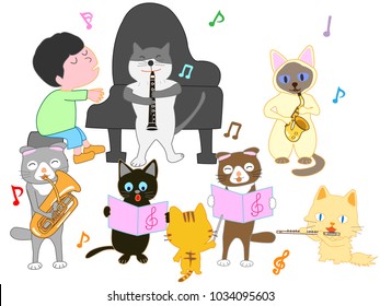 Kids and cats' concert. Cats are playing instruments.
