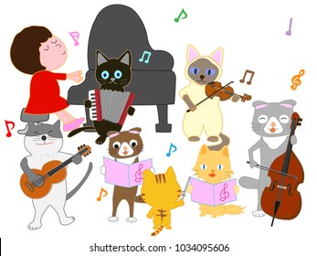 Kids and cats' concert. Cats are playing instruments.
