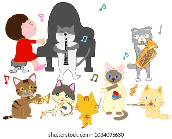 Kids and cats' concert. Cats are playing instruments.
