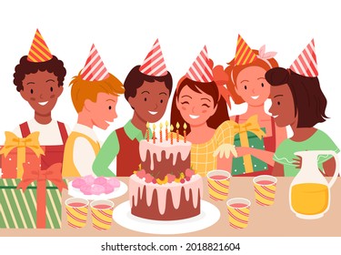 Kids celebrate birthday party, fun celebration, happy children sitting at holiday table
