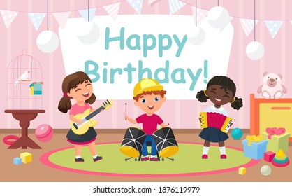 Kids celebrate birthday party vector illustration. Cartoon group of happy children musicians play music on musical instruments, friends celebrating fun birth date. Party invitation card background