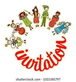 Kids celebrate carnival together, Invitation. Hand-drawn sketches doodles in beautiful outfits and costumes. Happy childhood icons.