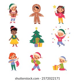 Kids Celebrate Christmas Holiday at Winter Vector Set