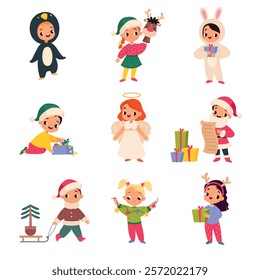 Kids Celebrate Christmas Holiday at Winter Vector Set