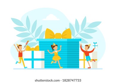 Kids Celebrating Birthday, Cute Tiny Boy and Girl Having Fun beside Huge Gift Boxes Cartoon Vector Illustration.