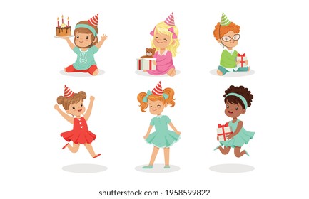 Kids Celebrating Birthday with Gift Boxes Set, Happy Adorable Little Boys and Girls Having Fun at Party Cartoon Vector Illustration
