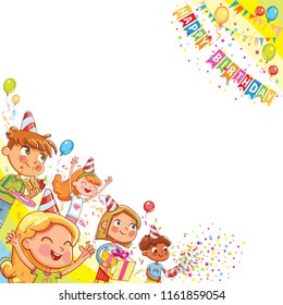 Kids celebrating Birthday with gift and cake in background of confetti falling and balloons. Template for advertising brochure. Ready for your message. Funny cartoon character. Vector illustration